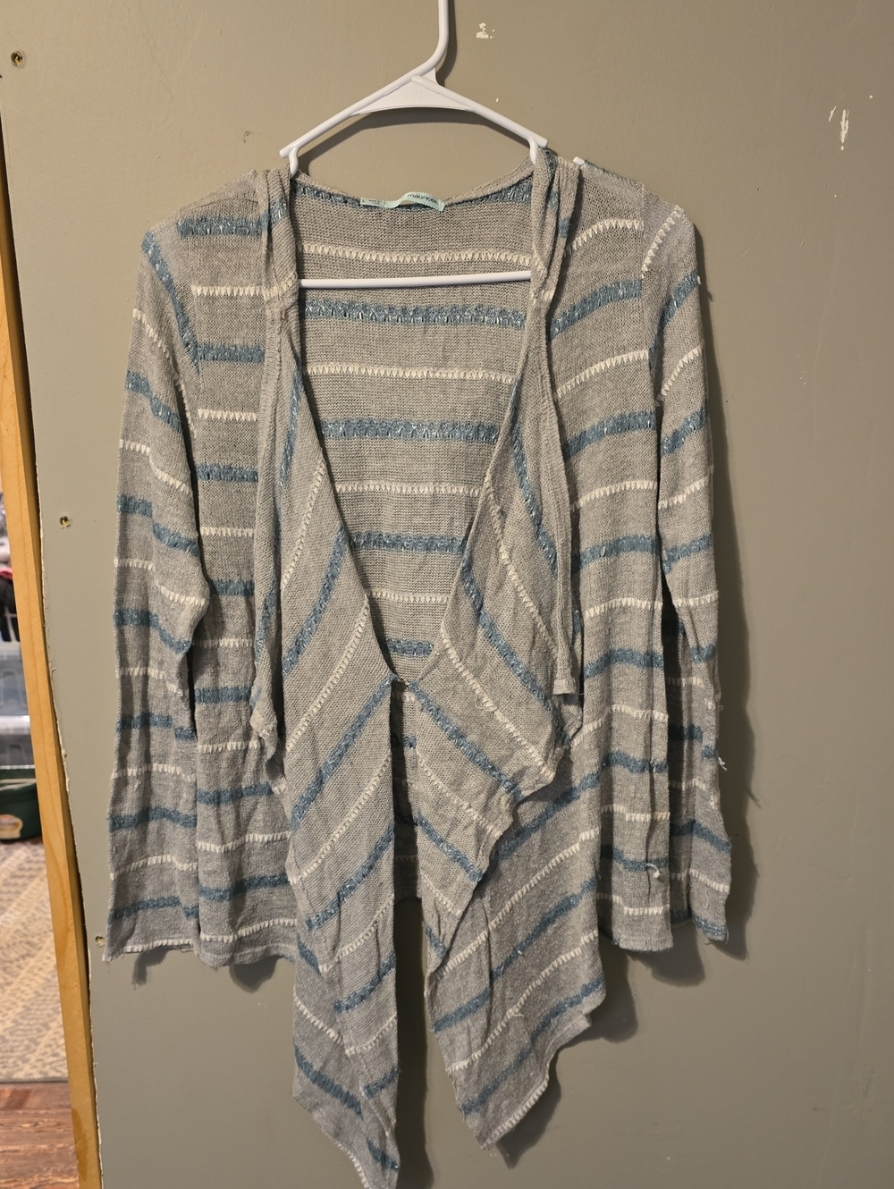 Maurices Gray Open-Front Cardigan with Blue & White Stripes